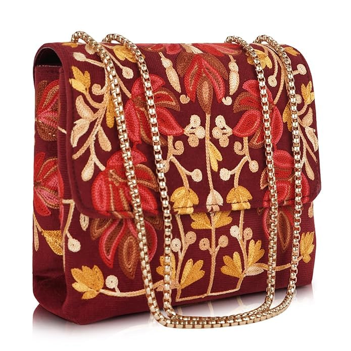 VELUCIA Floral Embroidered Sling Bag with Chain Strap