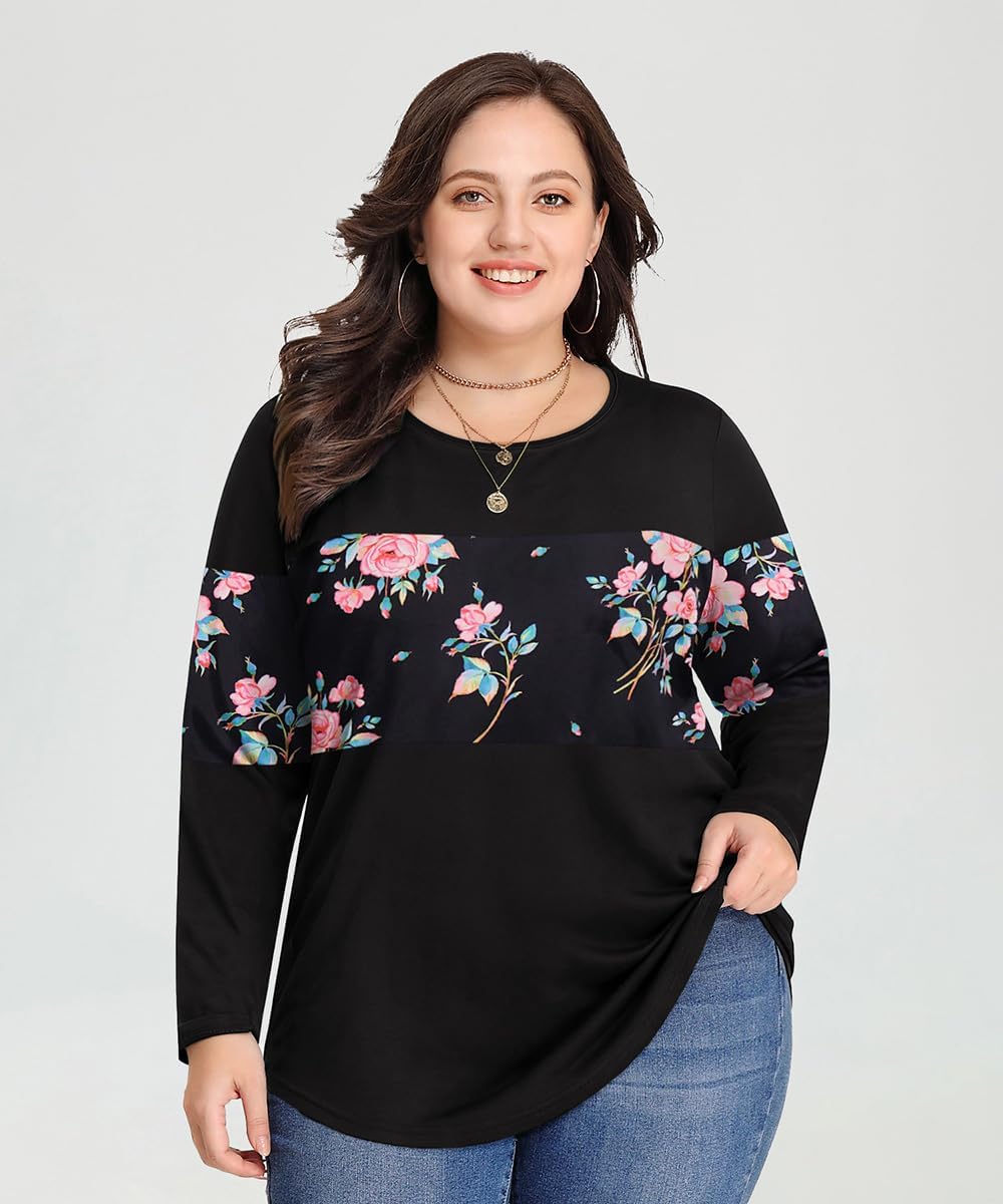 CARCOS Plus Size Tops for Women Color Block Flower/Striped/Camo Crew Neck Long Sleeve Tee Shirt - Image 2