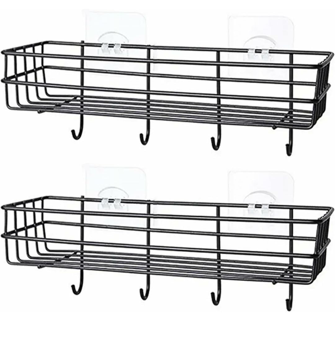 (Pack of 2) Steel Self-Adhesive Multipurpose Bathroom Shelf with Hooks/Towel Holder/Rack/Bathroom Accessories - Wall Mount - Pack of 2 (Black,Powder Coated) Serviz 1 4