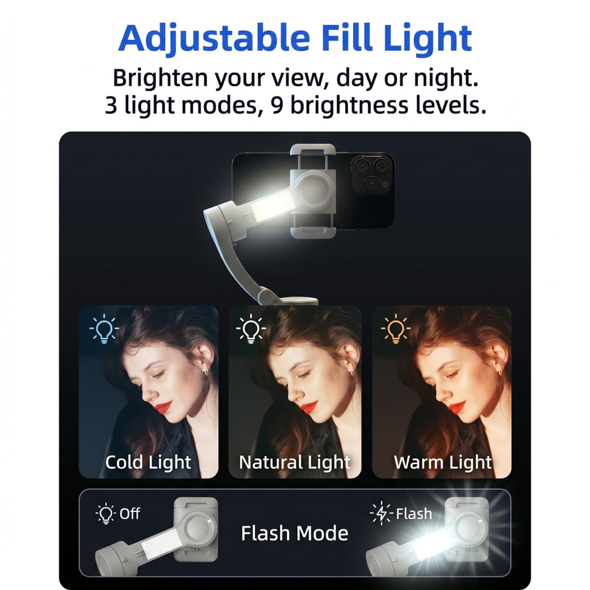 Estabilizador cardán de 3 ejes con luz de relleno y trípode compatible con teléfonos móviles Android e iOS