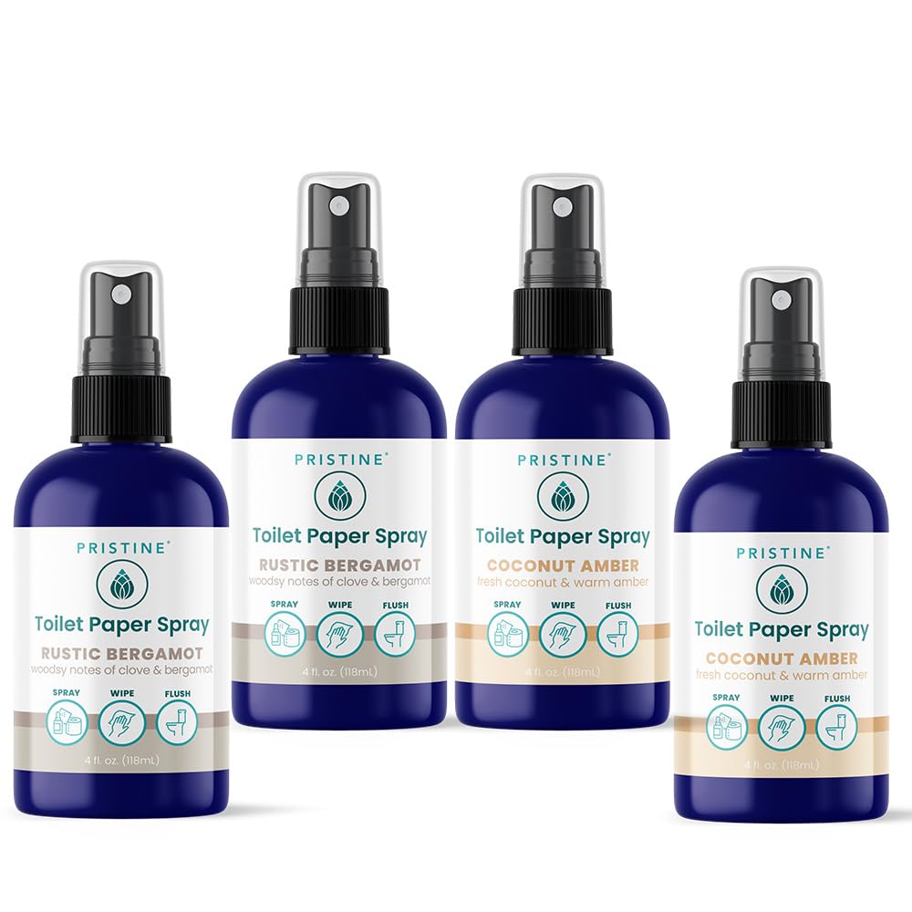 PRISTINE Toilet Paper Spray - As Seen on Shark Tank, More Natural Personal Cleansing Wipe Alternative, Spray Toilet Paper to Create Flushable Wipe, Two Rustic Bergamot & Two Coconut Amber Bundle