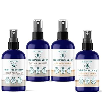 PRISTINE Toilet Paper Spray - As Seen on Shark Tank, More Natural Personal Cleansing Wipe Alternative, Spray Toilet Paper to Create Flushable Wipe, Two Rustic Bergamot & Two Coconut Amber Bundle