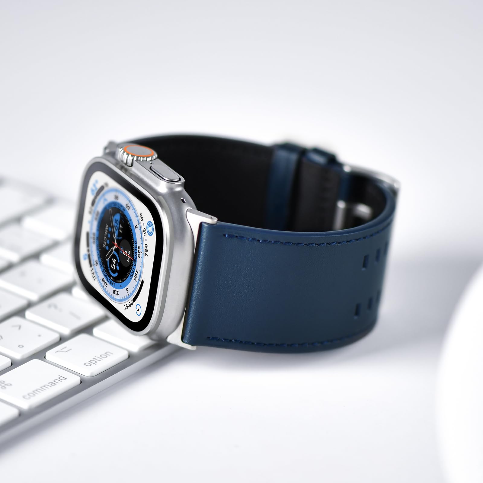 Tefeca Dual Series Bracelet de rechange compatible avec Apple Watch/Apple Watch Ultra (cuir bleu avec adaptateurs argentés, 49/45/44/42 mm)