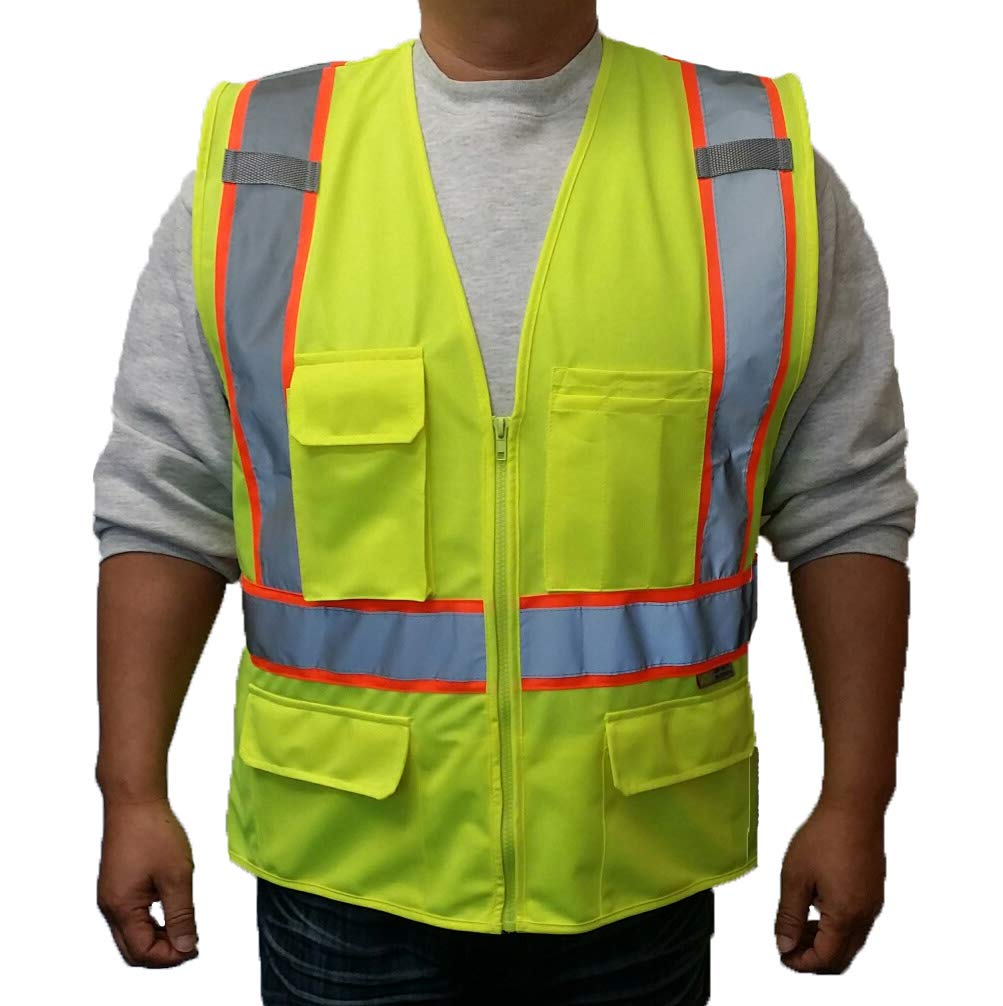 3C Products SV4550, ANSI/ISEA Class 2, CSA Z96-15, Tricot Vest w/X tape reflective and Zipper, 9 Pockets,Neon Green,XL