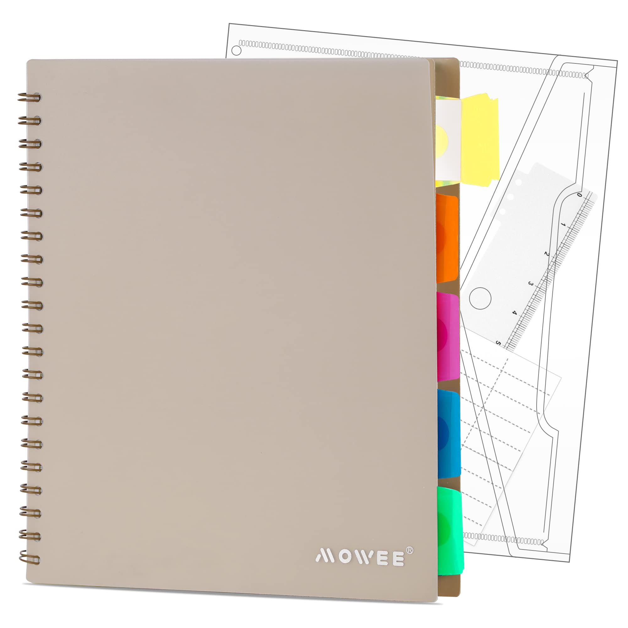 5 Subject Notebook - Spiral Notebook, College Ruled Notebook With Dividers Pocket, Tabs, 11" Ruler, 200 Pages, for Writing Journal, Home &amp; Office, School Supplies, 8.5''x11'' CoCo Brown