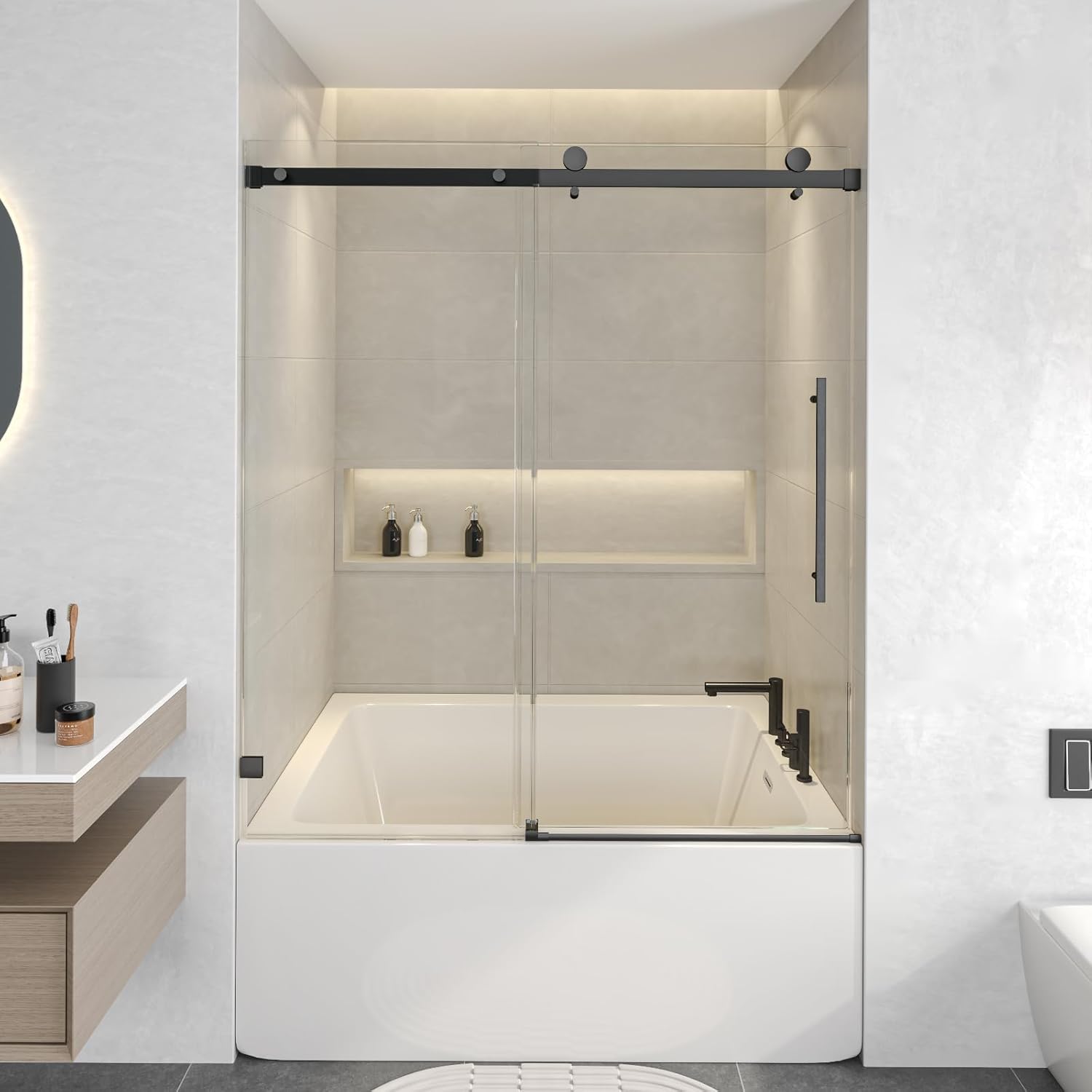 54"-60" W x 60" H Frameless Bathtub Sliding Shower Door, Water Repellent Shower Glass Doors for Bath Tub,5/16" (8mm) Tempered Glass with Explosion-Proof Film (Matte Black W60 xH60)