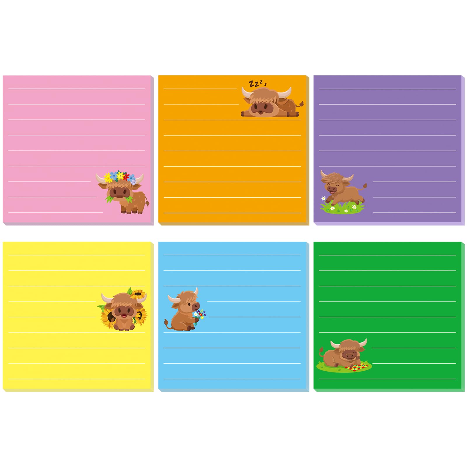 JIANTA 12 Pads Highland Cow Sticky Notes, 3 x 3 Inch Cute Self-Stick Notepads, Adhesive Memo Pads Mah Jong Lovers Gifts for Birthday Party Decorations Supplies
