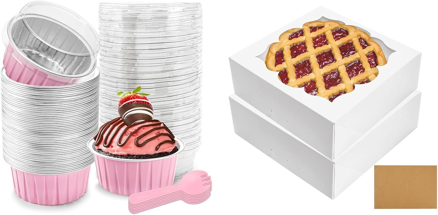 Bundle of 50 Pack Mini Loaf Pans and 20 Pack Pie Boxes for Pies, Cookies, Cheese Cake