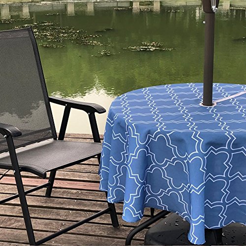 ColorBird Elegant Moroccan Outdoor Tablecloth Waterproof Spillproof Polyester Fabric Table Cover with Zipper Umbrella Hole for Patio Garden Tabletop Decor (60" Round, Zippered, Stone Blue)
