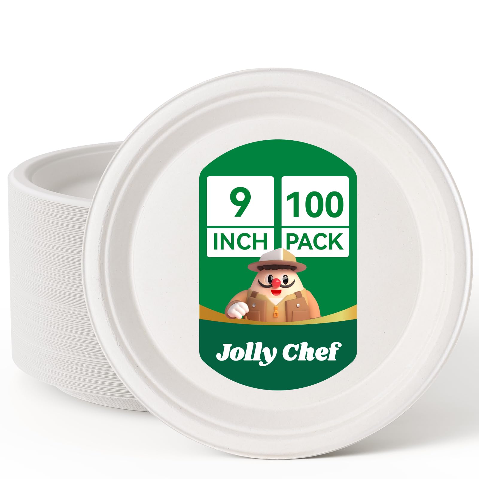 JOLLY CHEF White Bagasse Paper Plates 100 Pack 9 Inch Disposable Paper Plates Biodegradable Dinner Plates - Sugarcane Bulk for Party Daily Use
