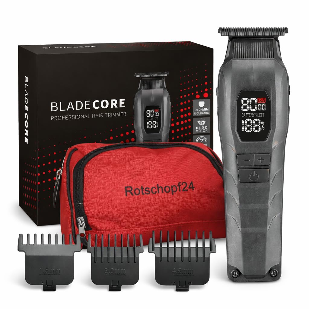 Rotschopf24 Efalock BLADECORE Konturenschneider + Tasche. Profi Trimmer für Konturen & Bart | Haarschneider mit Keramik- & DLC-Klinge | Bürstenlos | Akku + Netz | LED Display. Konturenhaarschneider.
