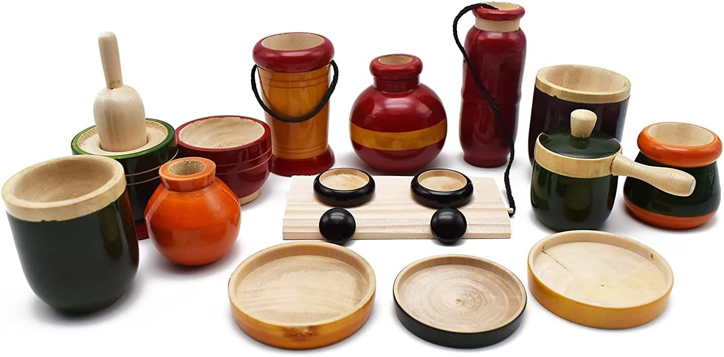 Channapatna Toys Traditional Wooden Cooking/Kitchen Toys Play Set for Kids, Girls, Baby & Boys (2 Years+) - Multicolor - 16 Pieces Preschool Toys Set - Pretend & Play Toys | Wooden Kitchen Set Toys