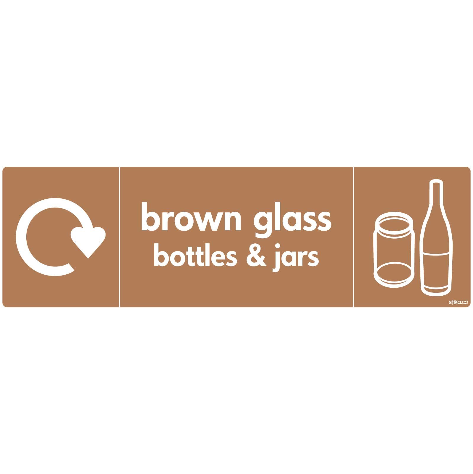 stika.co Pack of 2 Brown Glass Recycling Signs - WRAP Recycle Now Self-Adhesive Vinyl Stickers, 200 x 60mm - BS EN ISO 7010 Compliant Bin Labels