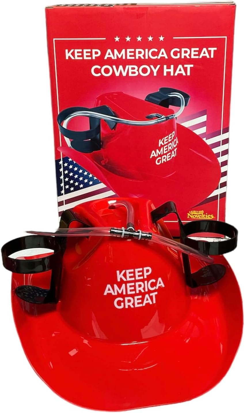 Fairly Odd Novelties 'Keep America Great' Cowboy Drinking Hat – Plastic Helmet with Straws, Adjustable Fit & Valve Control, Funny Gag Gift for Parties & White Elephant