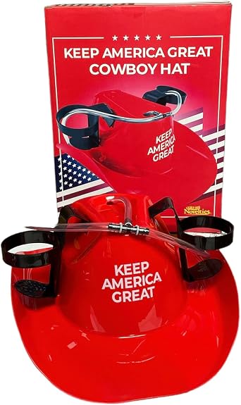 Fairly Odd Novelties Keep America Great Cowboy Drinking Hat Plastic Helmet with Straws, Adjustable Fit & Valve Control, Funny Gag Gift for Parties & White Elephant