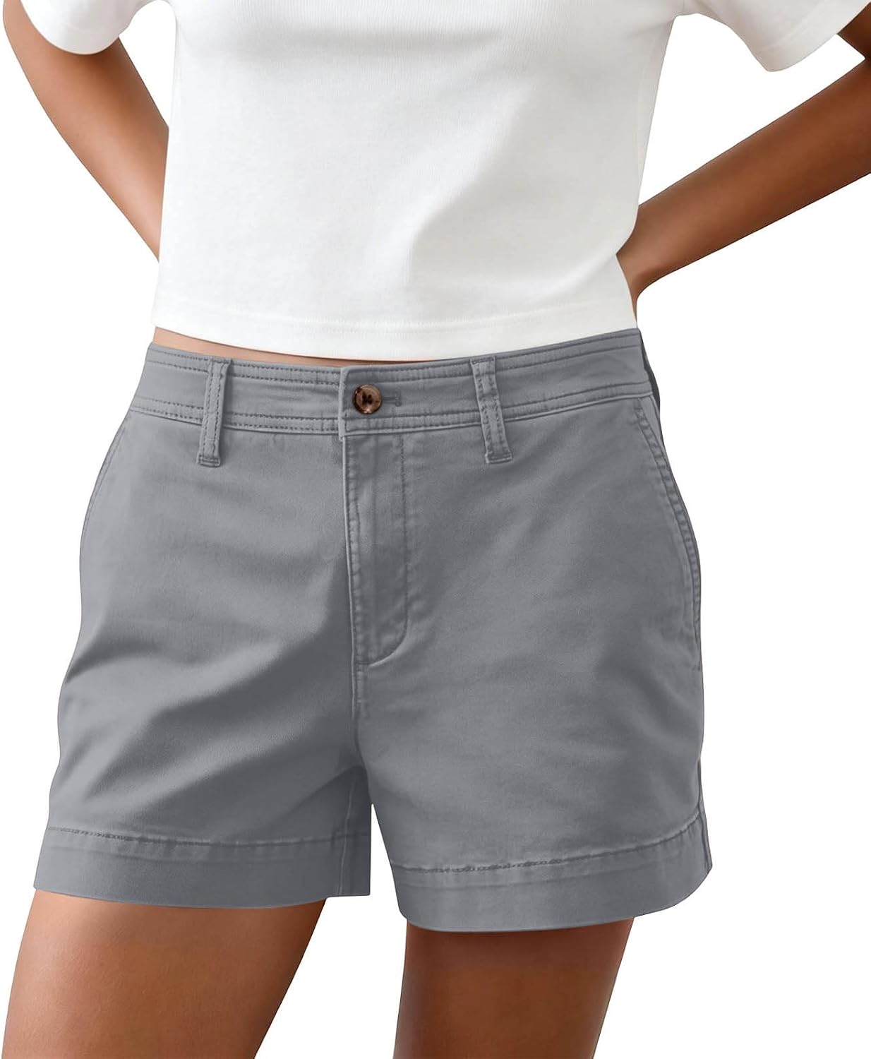 Womens Mid Rise Button Fly Shorts Comfy Solid Color Lightweight Short Pants Soft Summer Casual Shorts with Pockets