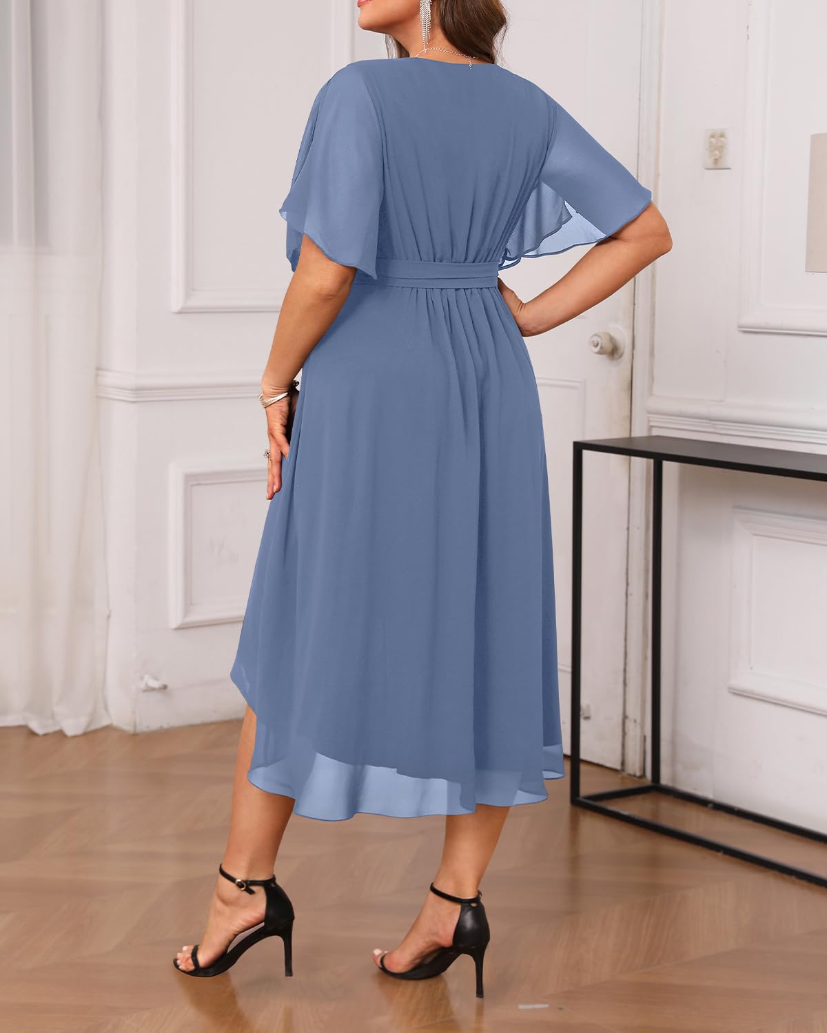 Talisea Kleid in Übergröße, für Hochzeitsgäste – formelles Cocktailkleid, Chiffon, V-Ausschnitt, kurze Ärmel, hoch niedrig, kurvige Damenkleider