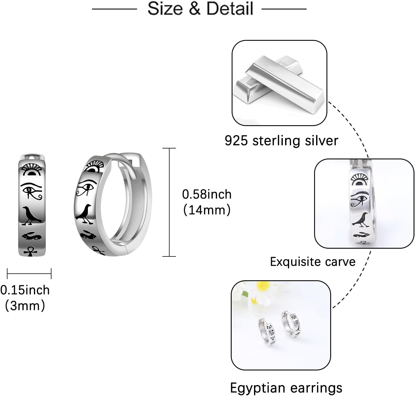 Silver Egyptian Earrings for Women - Ankh Eye Hieroglyphics Huggie Hoop Earring Egyptian Jewelry Gifts for Men
