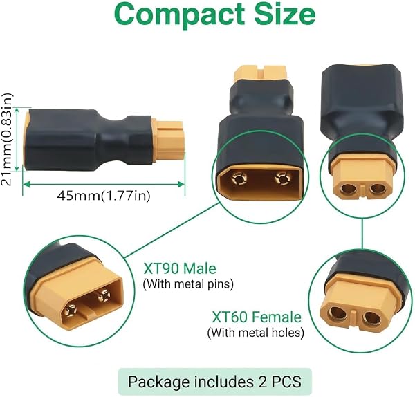 Lot de 2 adaptateurs XT90 vers XT60 avec fiche XT90 vers prise XT60 pour modélisme radiocommandé, drone FPV, quadcopter et chargeur de batterie LiPo, connecteur sans fil hautement conducteur - 2