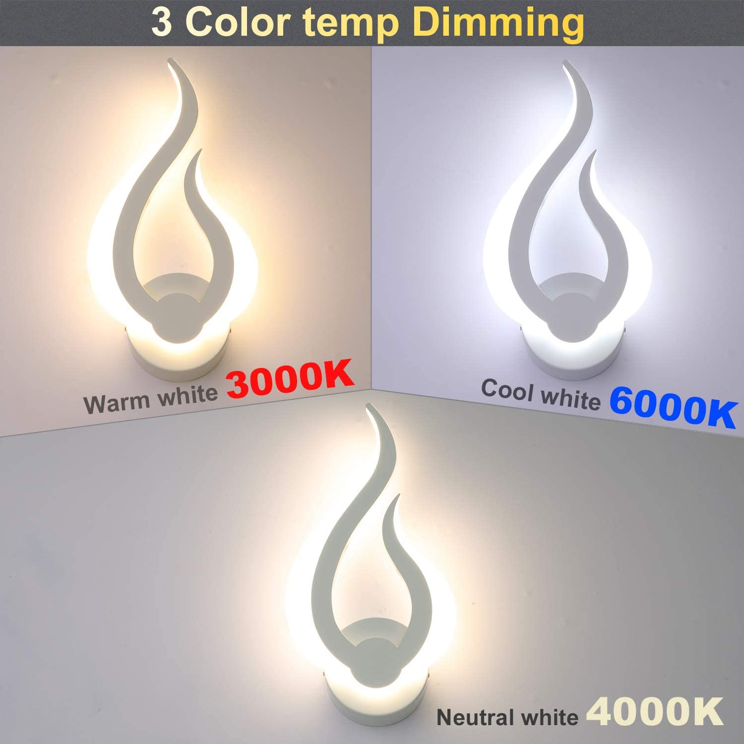 Lightess LED Wandlampe Innen 10W 3 Farben Warmweiß Kaltweiß Neutral | Moderne Wandleuchte Flammenform, 3000K/4500K/6000K Acryl+Alu, für Wohnzimmer Schlafzimmer Flur Treppenhaus