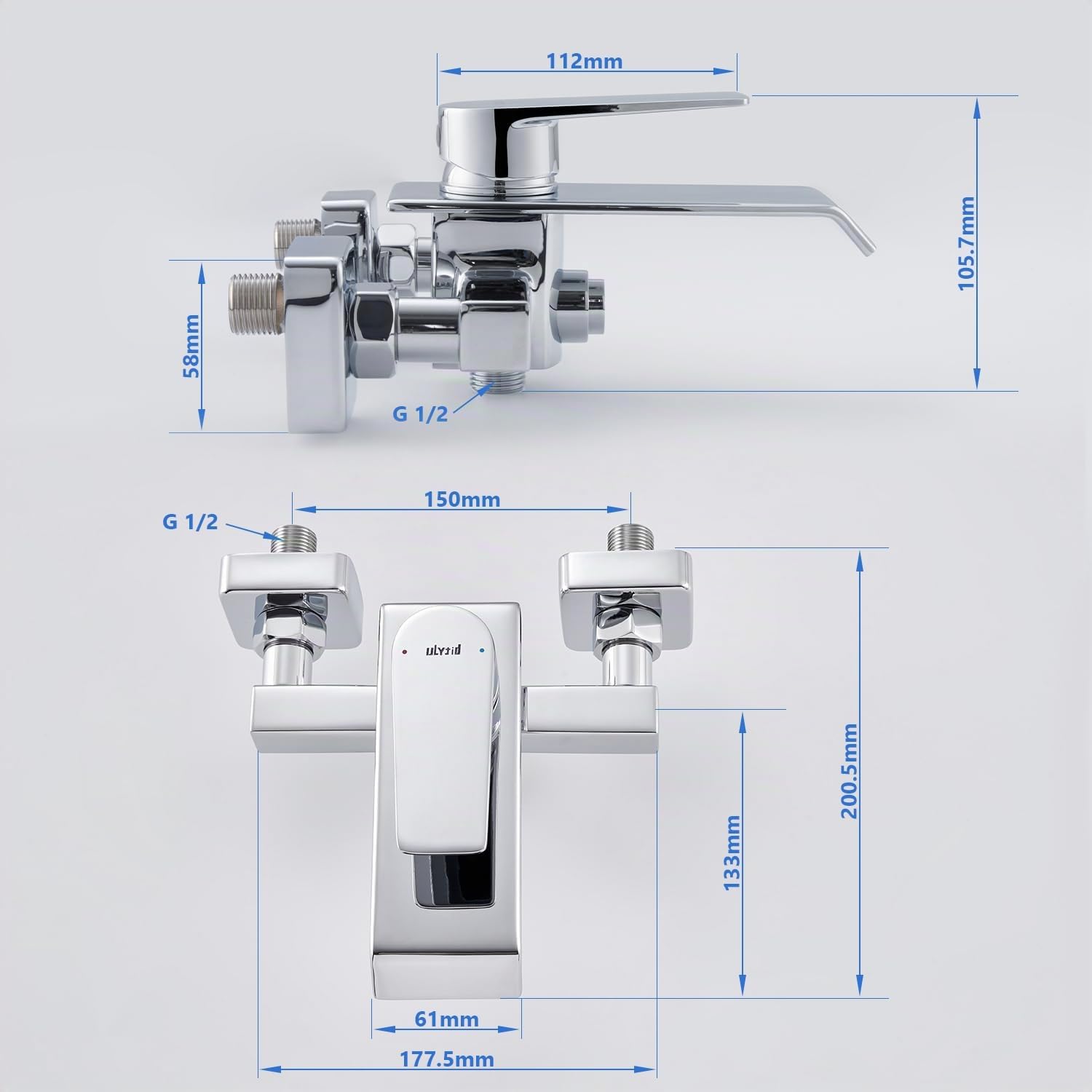 Rubinetto Vasca da Bagno, Miscelatore Vasca da Bagno a Cascata in Ottone, Rubinetto Doccia a Parete, Miscelatore Monocomando Esterno per 2 Utenze, Cromo Argento (G 1/2")