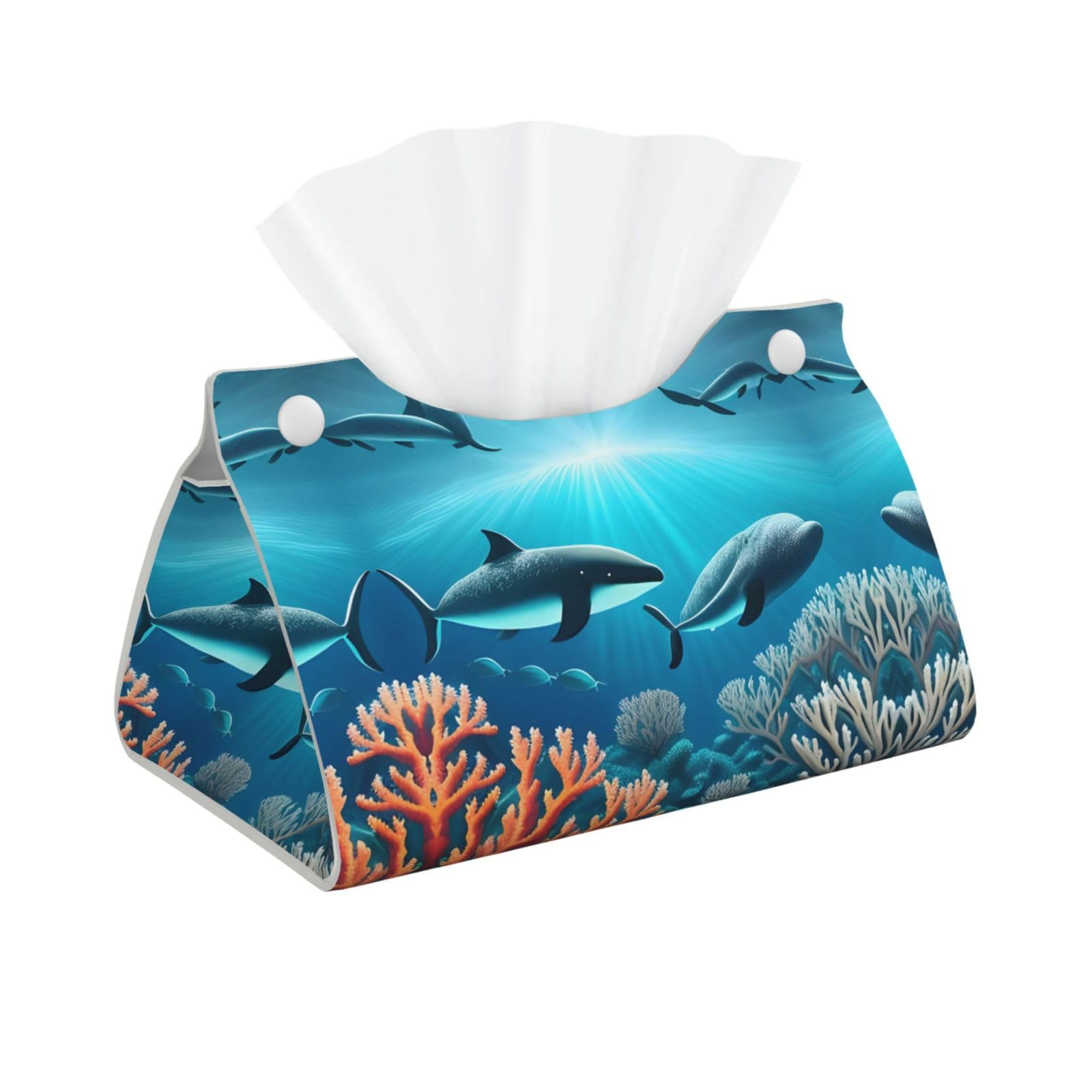 Whales Under the sea Print Long Tissue Box Cover Holder Foldable Leather Organizer for Vanity, Nightstand, Desk & Bathroom