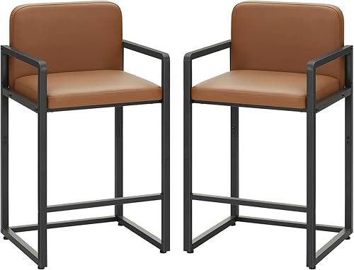 HOOBRO Juego de 2 taburetes de bar de 26 pulgadas de altura de mostrador con tapizado de poliuretano, taburetes de desayuno con reposabrazos y