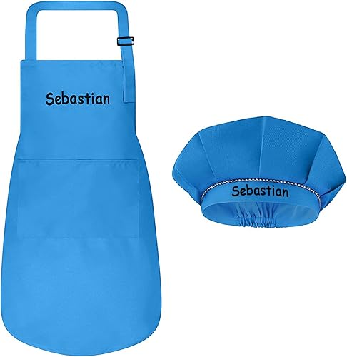 Miniatura 71 de Juego de delantal personalizado y sombrero de chef, bonito disfraz de chef para niños, delantales con bolsillos para cocinar, pintar, fiestas Negro