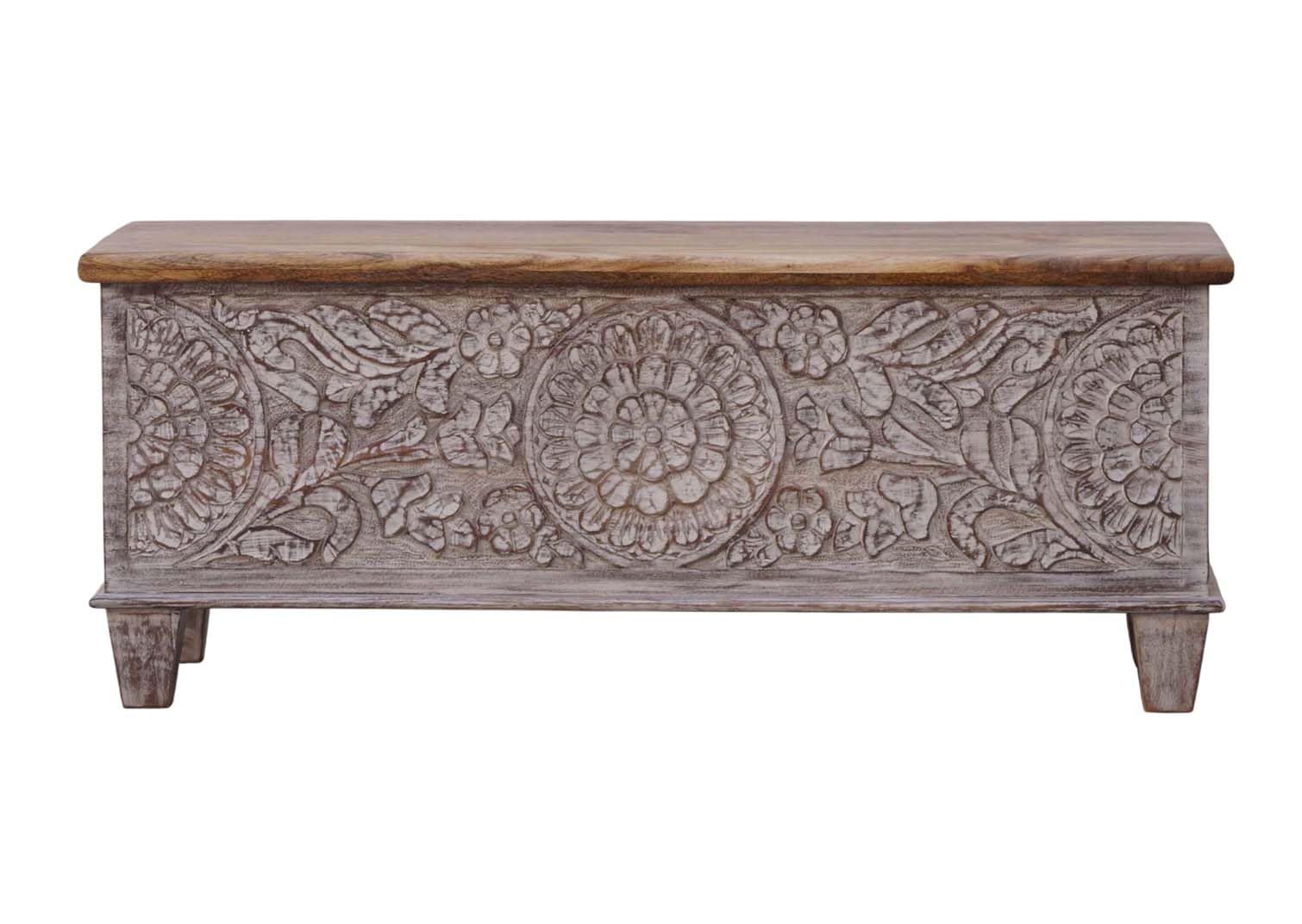 Wooden Carved Trunk, Wooden Storage Trunk, Coffee Table for Living Room, Center Table with Storage, Blanket Box with Lid for Bedroom, White Distressed Finish, Hand Carved Storage Chest.-image-35