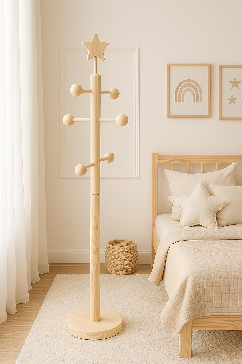 GRECA Perchero infantil. Percha árbol. En madera en crudo, para pintar. Decoración y manualidades. Medidas: 30 * 30 * 120 cms.