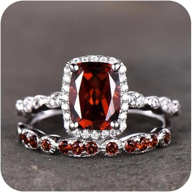 Gixaxak 2PCS Ruby Diamond Rings Set 925 Sterling Silver Birthstone Rings for Women Created Gemstone Red Cubic Zirconia Ruby Wedding Band Birthstone Jewelry 6
