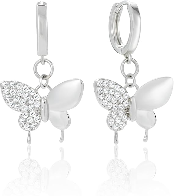 MESOVOR Butterfly Hoop Earrings for Women, 16K Gold Plated Small Pendant Drop Earrings | Sparkling Zircon Huggies Earrings
