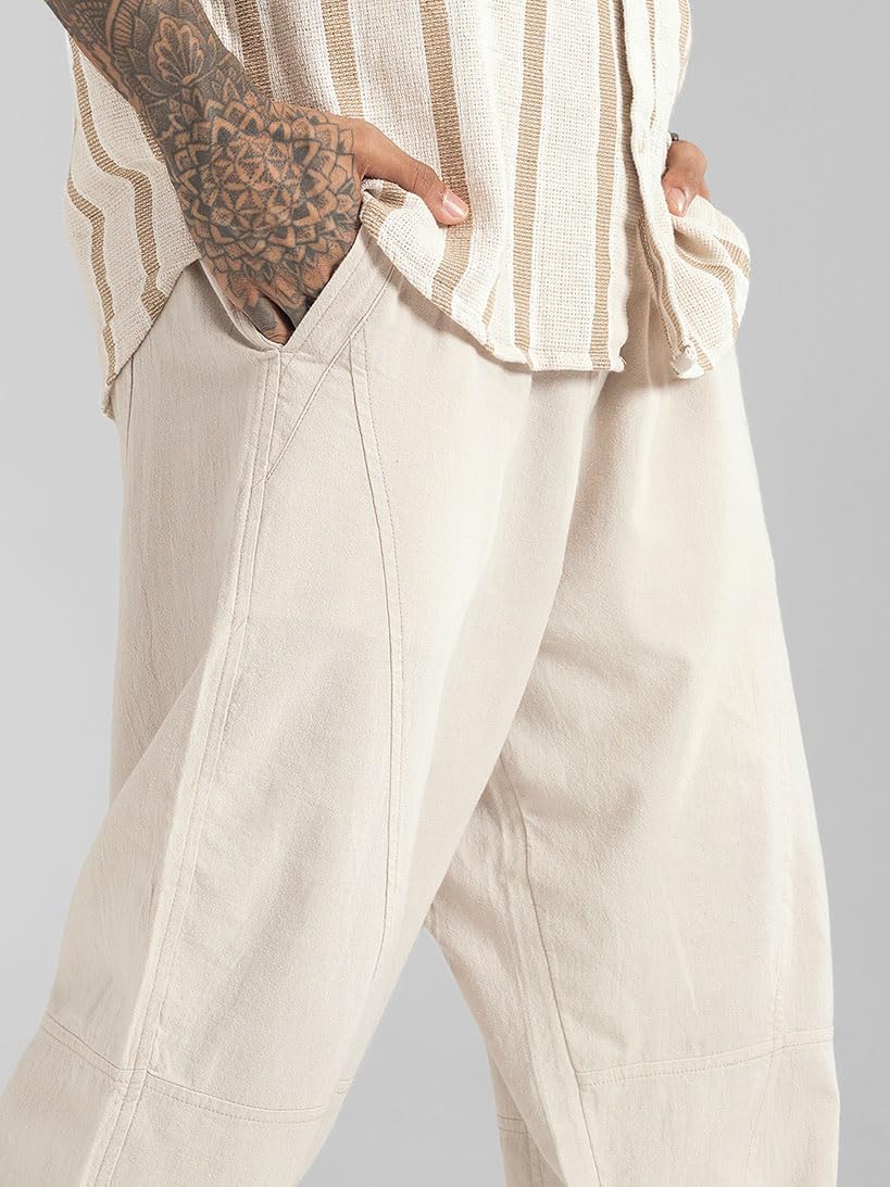 The Veshti Company Men’s Cotton Beach Pants – Lightweight Casual Travel, Yoga, Summer – Drawstring Trousers