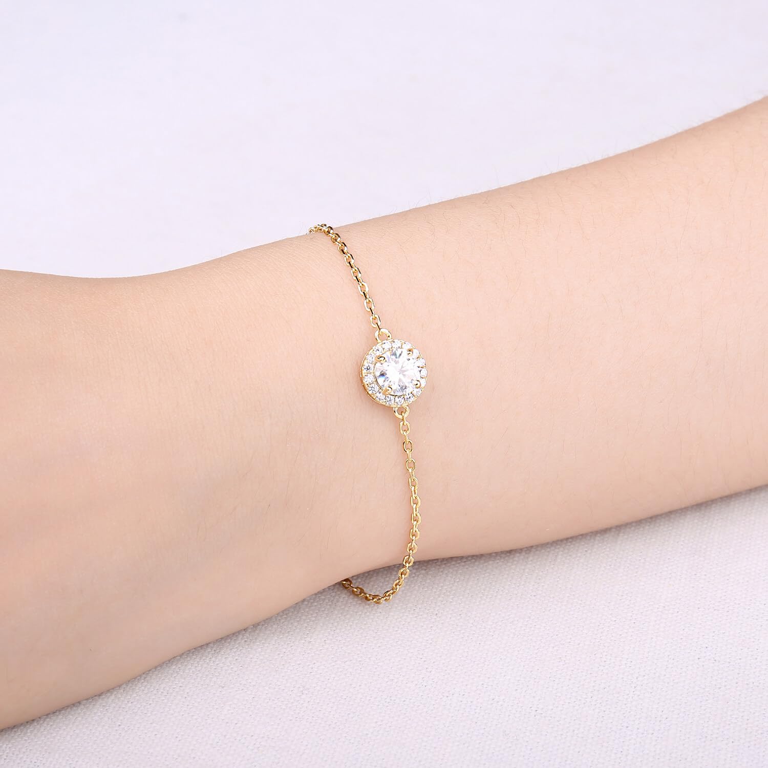 JewelryPalace Halo Ajustable Pulsera Mujer Plata Oro 14k Oro Rosa, Pulsera Niña Moissanita Corte Redonda, Brazalete Mujer Elegante Plata de Ley 925, Regalo Pulsera Piedras Conjunto Joyas Mujer