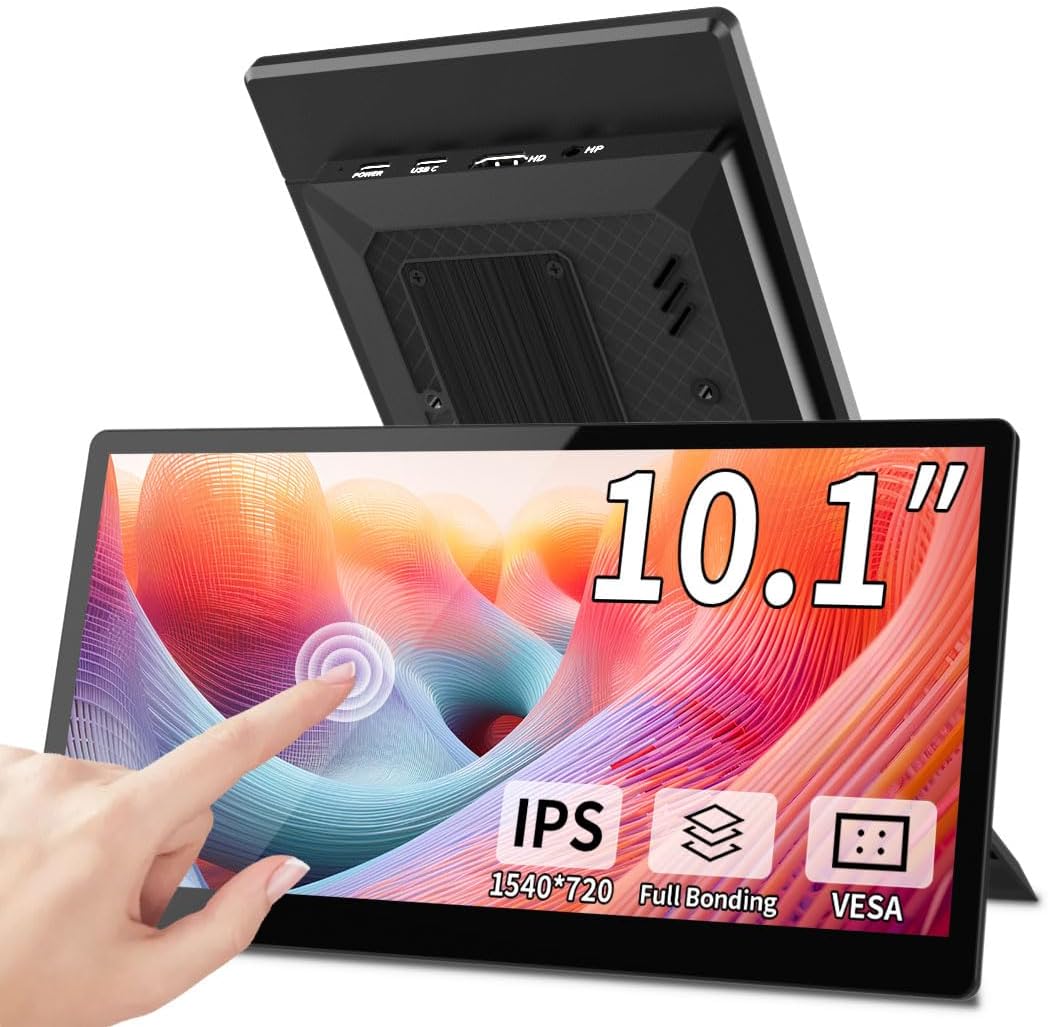 10.1 Inch Touchscreen Mini Monitor, IPS 1540×720 USB-C HDMI Portable Secondary Display with Stand & Speaker, Stretched Bar Screen for PC Laptop Rasp PI AIDA64 STEM DIY