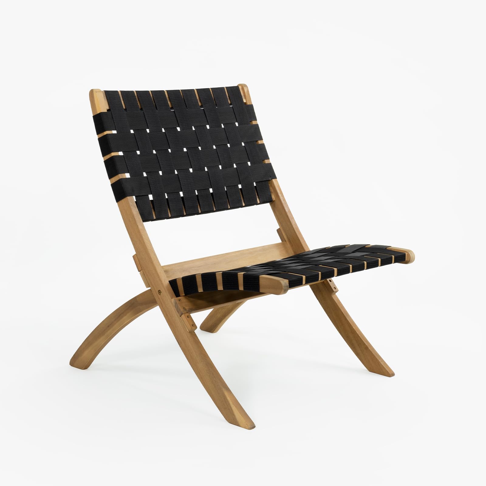 Vaukura Sillón de Madera de Acacia Trenzado Cinta Negra Plegable Hebe Color Negro
