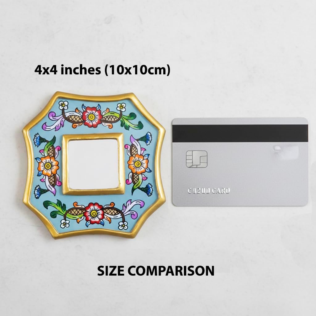 Artisan Mini Square Mirror 4x4 - Peruvian Reverse Painted Glass, Vibrant Floral on Pastel Mint Green & Gold Glitter Finish (Pastel Mint Green)