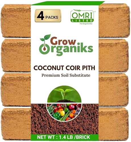 Grow Organiks Coco Coir Pith ,Coco Peat Brick-1.4 lbs EA,(4 Bricks), OMRI Listed for Organic Use, Expansion Between 10-12L,Universal Potting