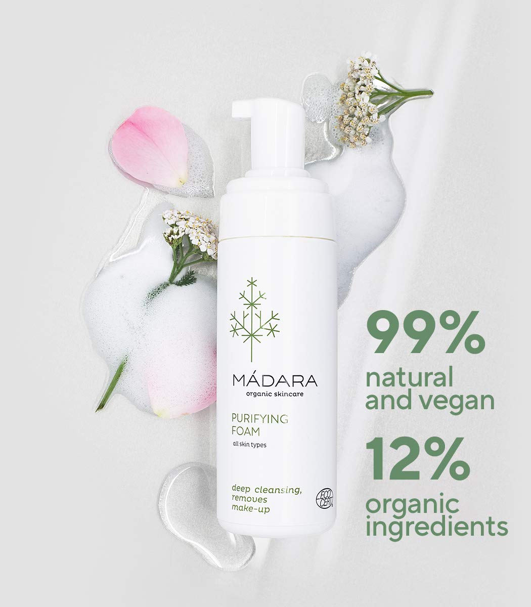 MÁDARA Foam Facial Cleanser 150 ml, Gentle Foaming Face Wash and Makeup Remover, Hydrating Water-Based Cleansing Foam with Northern Yarrow and Rose Water, COSMOS Organic Certified, All Skin Types