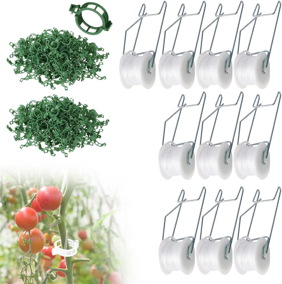 Tomato Roller Hooks with String and Tomato Trellis Clips, Plant Support Clip for Climbing Plants, Reusable Tomatoes Support Hooks Stem Vine Clip Greenhouse Kit (White 10 Hooks+Green 100 Clips)