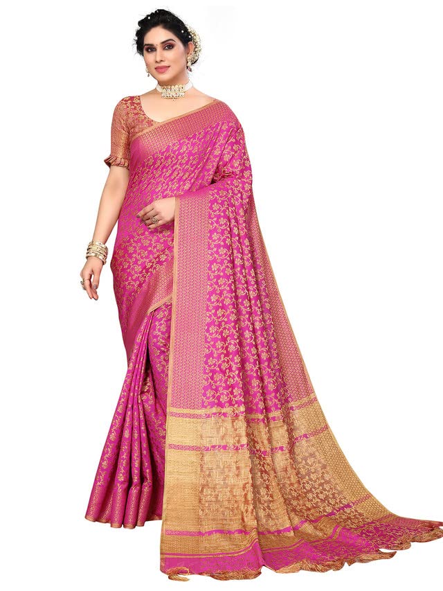 Satrani Women's Cotton Silk Banarasi Jacquard & Tassel Saree With Unstitched Blouse Piece(2963S5535N_Pink & Beige)