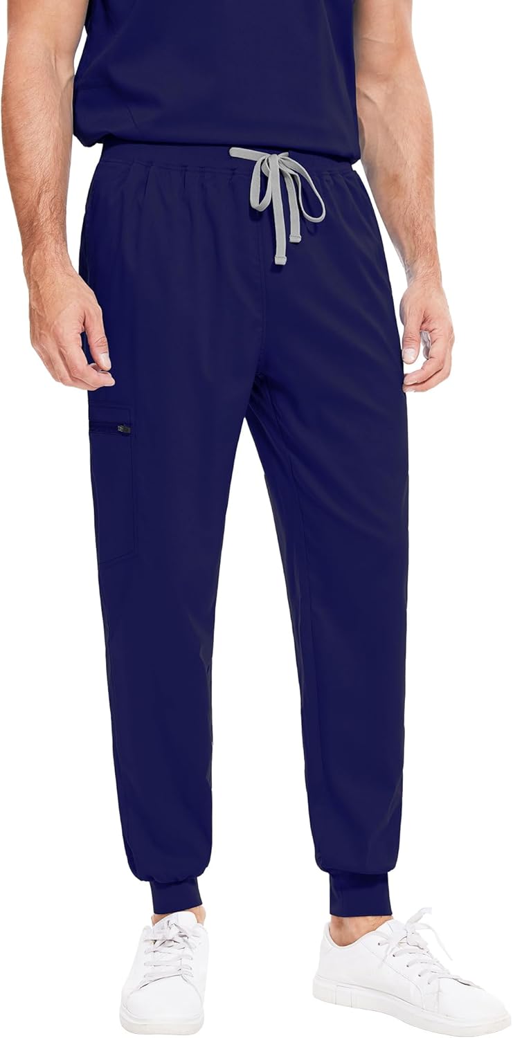 niaahinn Men Scrub Set-Stretch V-Neck Scrub Top & Jogger Pant with 9 Pockets, Yoga Waistband, Anti-Wrinkle Scrubs for Men - Image 4