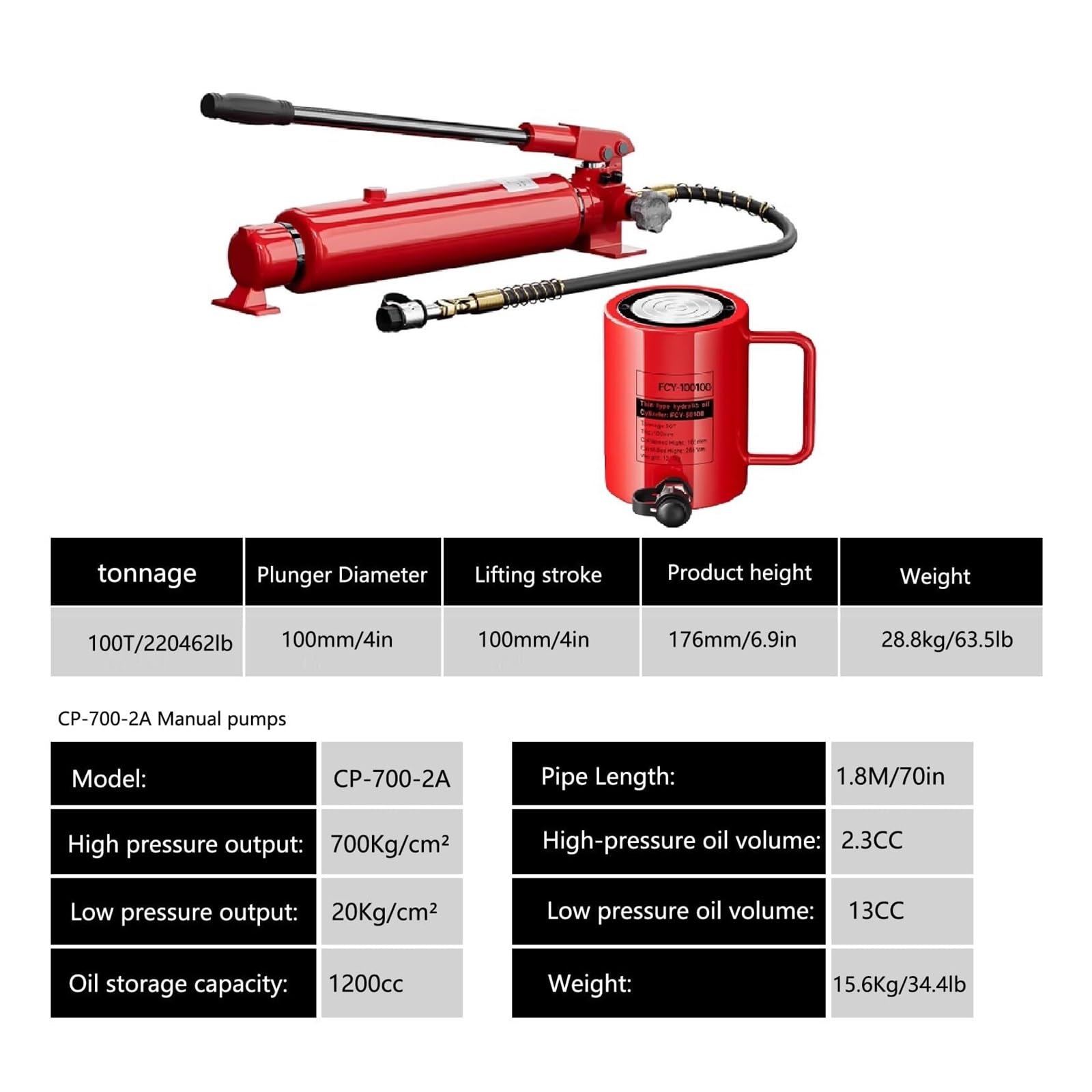 Cylinder hydrauliczny o pojemności, hydrauliczny podnośnik samochodowy z pompami ręcznymi, podnośnik samochodowy z skokiem 100 mm, przenośny podnośnik hydrauliczny (100T Jack + pompa ręczna CP-700-2A)