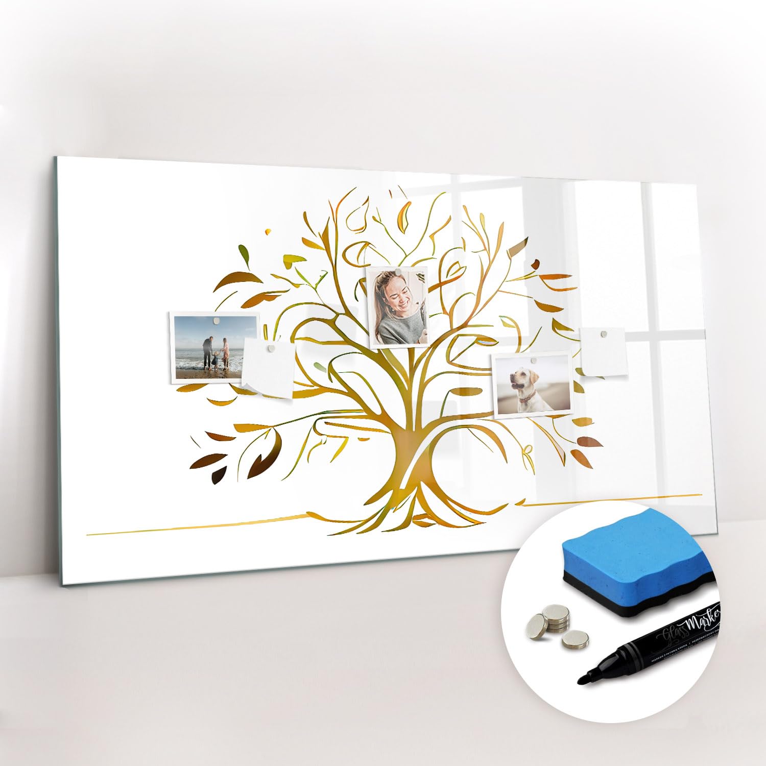Magnetisches Glasboard mit starken Neodym-Magneten & Marker-Set | Abwischbar, modern & langlebig | Perfekt für Büro, Besprechungen & Homeoffice- 120x60 - Goldener Baum
