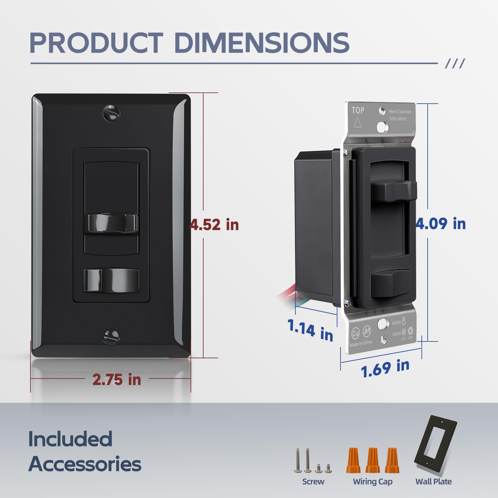 ECOELER Interruptor de atenuación de pared negro, control de iluminación universal para 3 vías/un solo polo, compatible con luces LED/CFL regulables de 300 W e incandescente/halógena de 600 W, placa