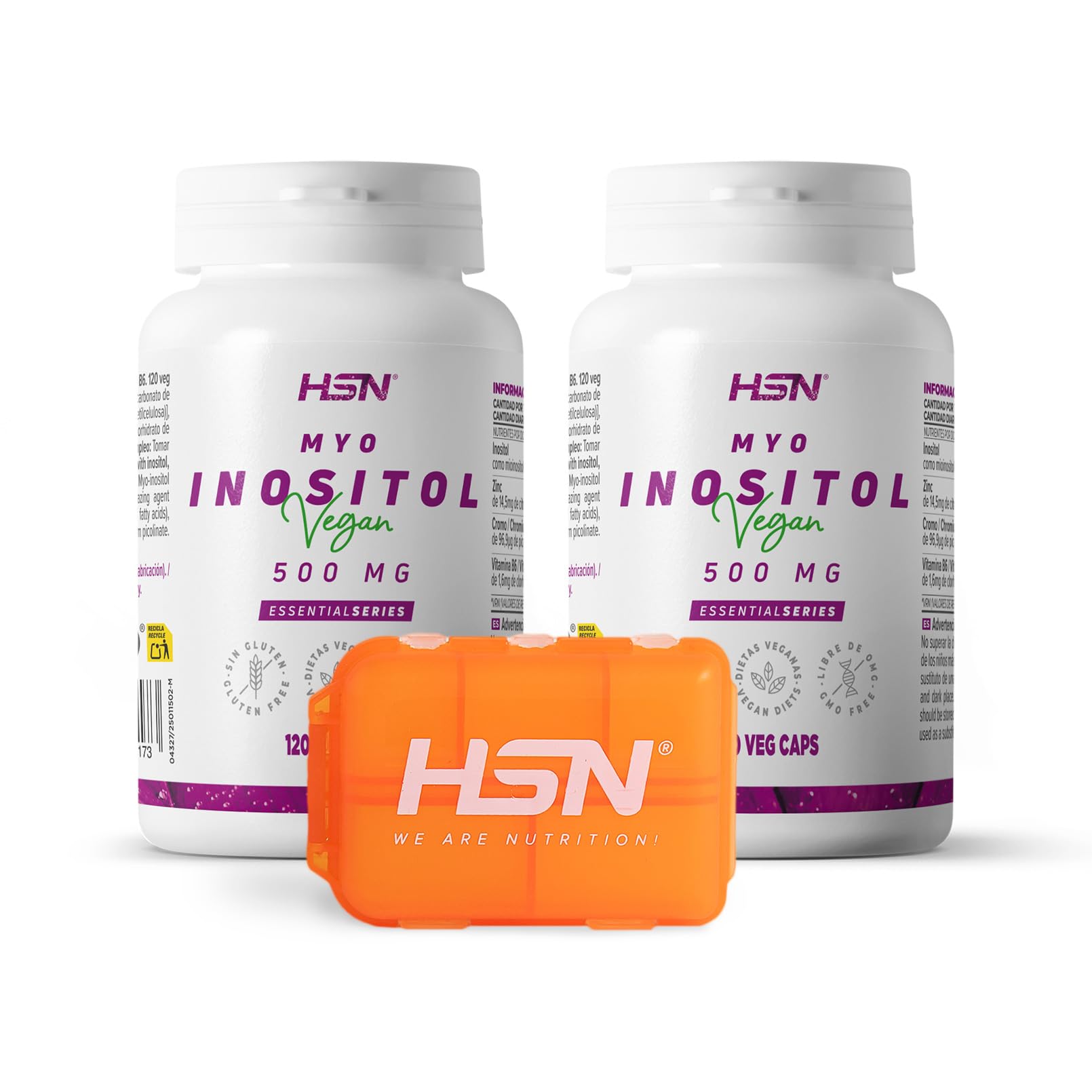 HSN Inositol 500mg (Myo-Inositol) | PACK 2x 120 Gélules Végétales + Pilulier Hebdomadaire | 1500 mg/jour de Myo-Inositol | Teneur Élevée en Zinc, Chrome, B6 | Sans OGM, Végan, Sans Gluten
