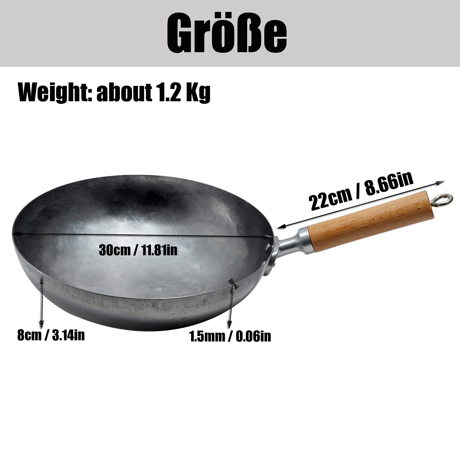 Wok, wok fatto a mano in acciaio al carbonio, 30/32/34 cm Ø fondo tondo in acciaio al carbonio per fornello a gas, spessore 1,5 mm, con manico in legno e acciaio,30CM