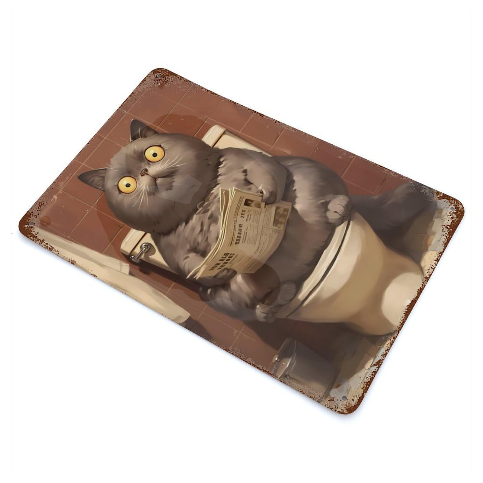 Surprised Cat on Toilet Vintage Wall Sign 11.8"x7.9", Rust Effect Metal Decor for Basement, Hobby Room And Garage Decor
