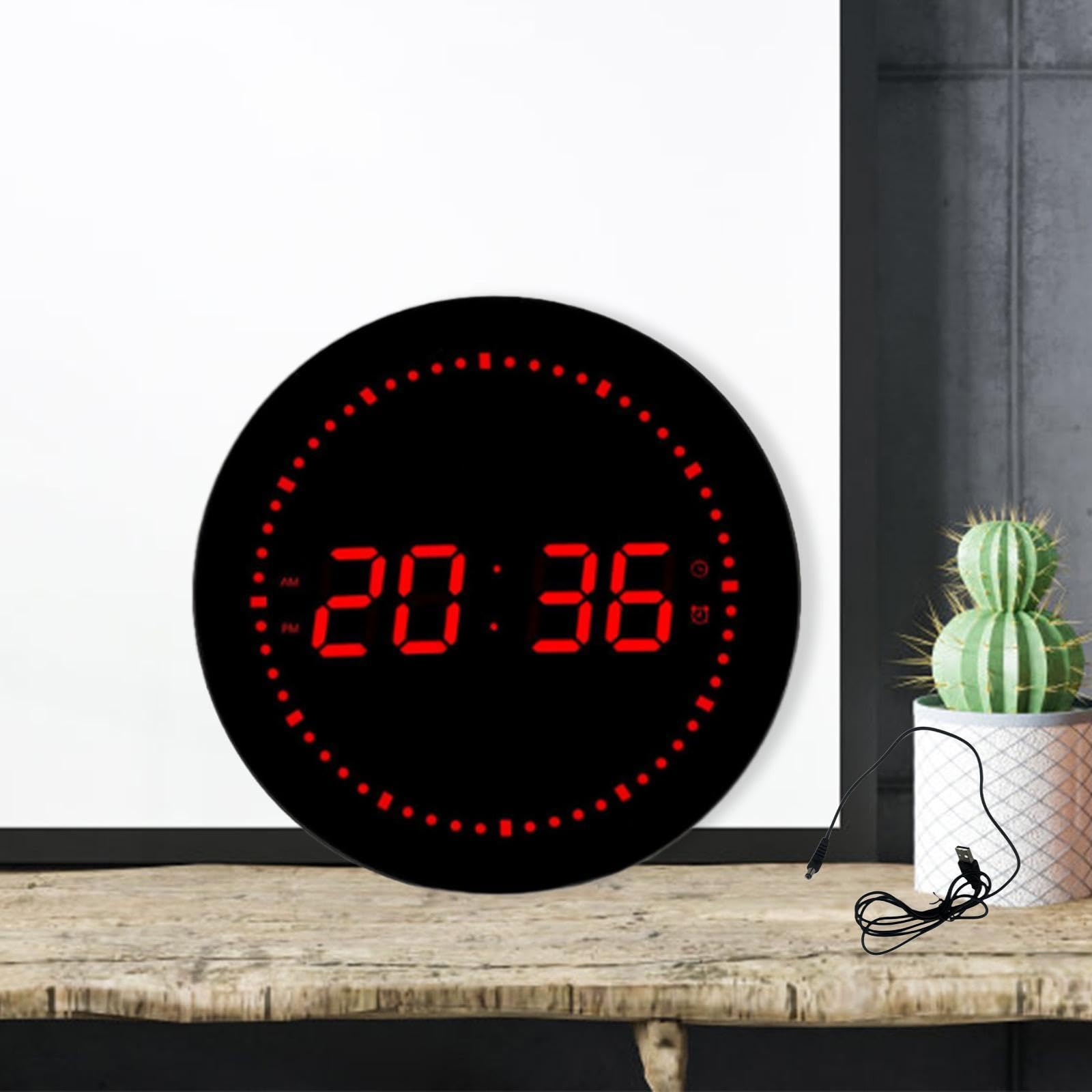 Fenteer LED Horloge numérique Horloge de Bureau réveil Rond Horloge Murale pour Le Bureau de l'école, Rouge numérique