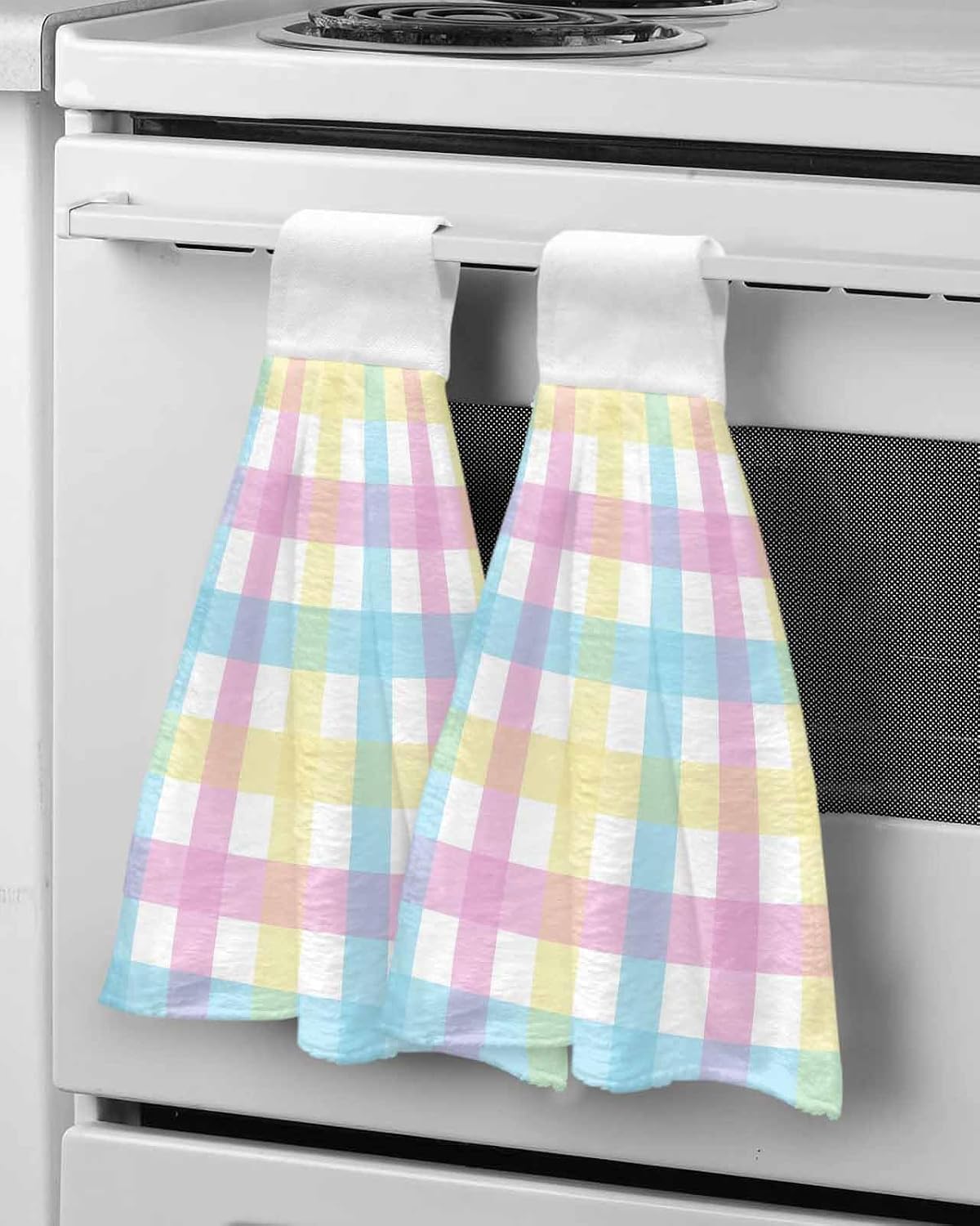 Easter Plaid Kitchen Hand Towels with Hanging Loops Set of 2 Spring Buffalo Plaid Simple Colorful Soft Thick Oven Fingertip Dry Microfiber Tie Dish Towel Absorbent Cleaning Washcloth for Bathroom